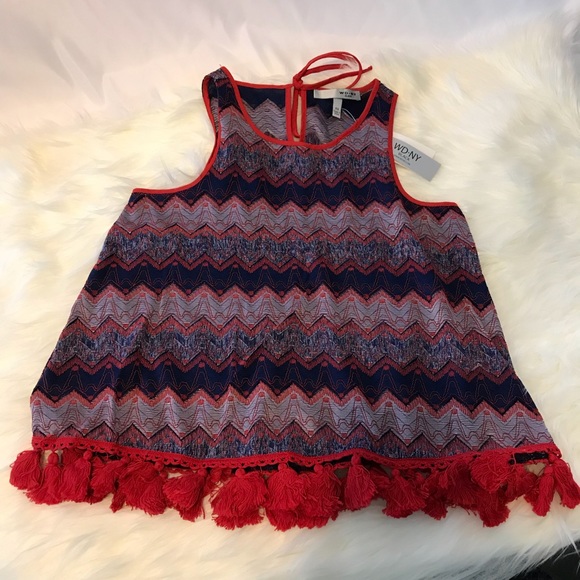 Red White Blue Tie Back Stitched Pom Top - Picture 5 of 8